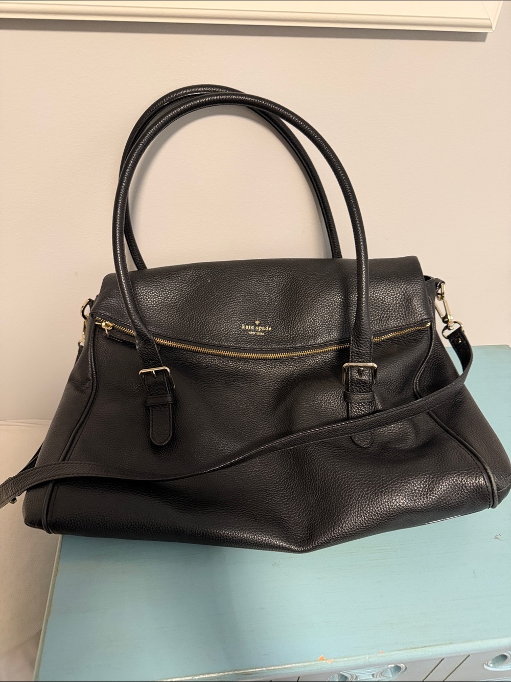 kate spade weekender Black Pebbled Leather Shoulder Bag with Gold Hardware